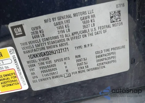 2017 Chevrolet Traverse 1Lt from USA, damaged, VIN 1GNKVGKD2HJ127171